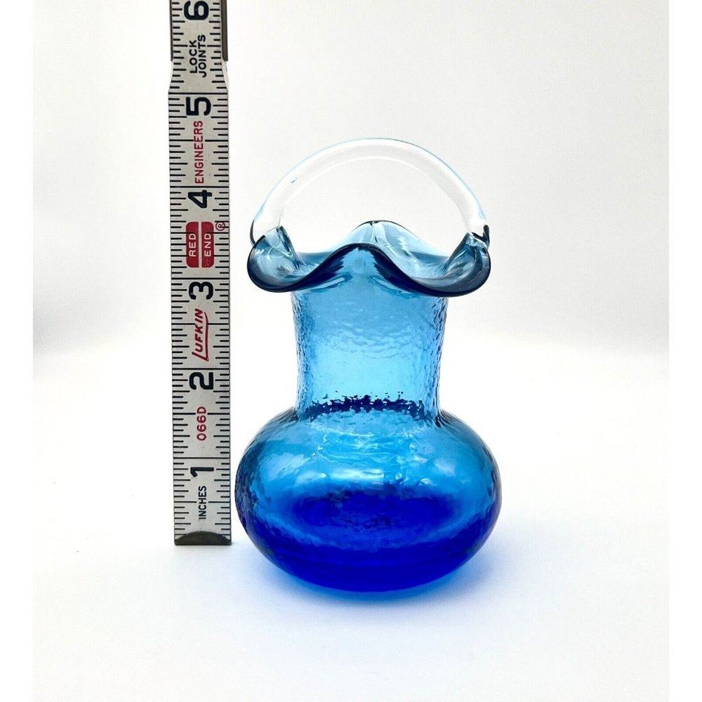 Vintage Cobalt Blue Art Glass Vase Basket Ruffle Rim Pontil Applied Handle 4.5" - Picture 6 of 6